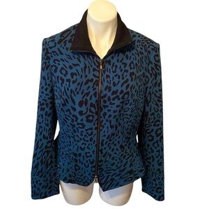 Anne Klein Blue And Black Leopard Peplum Bomber Jacket Size 12 Career Fall